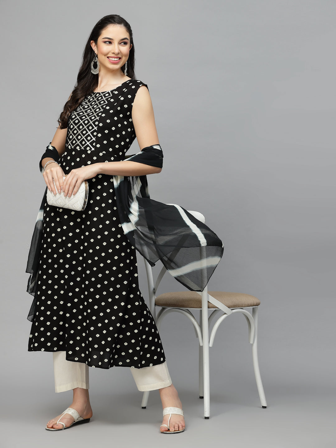 Bandhej Printed A-Line Kurta With Dupatta