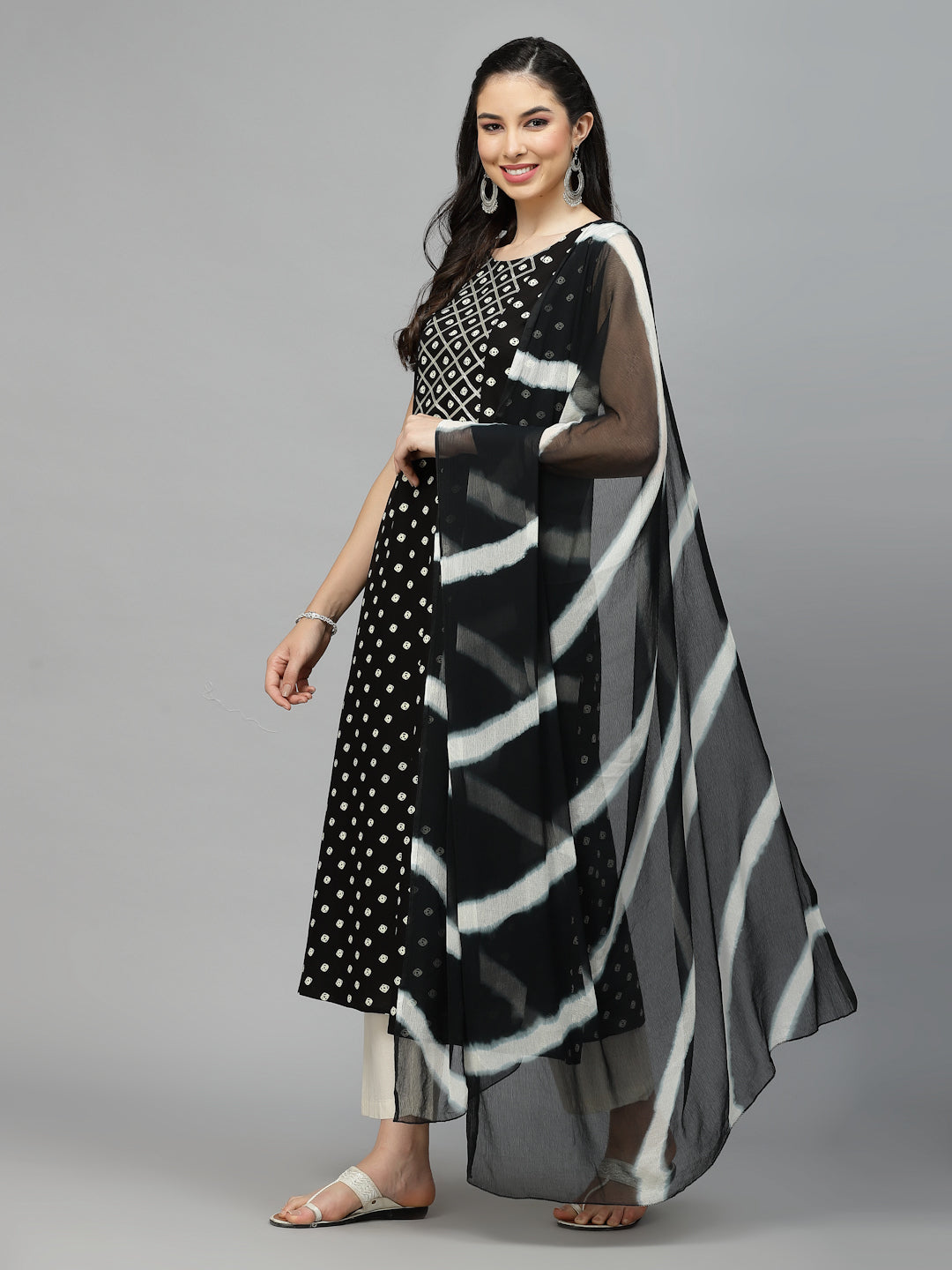 Bandhej Printed A-Line Kurta With Dupatta