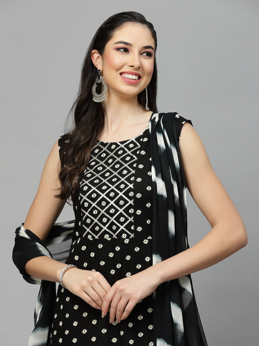 Bandhej Printed A-Line Kurta With Dupatta