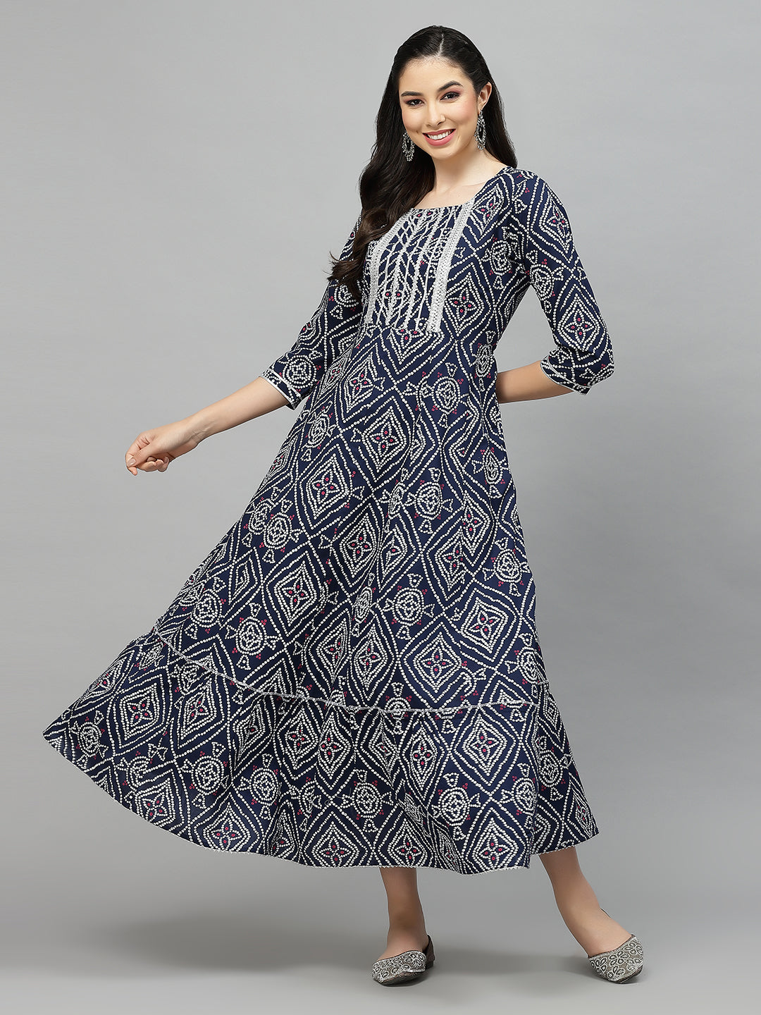 Bandhej Printed Rayon Tiered Kurta