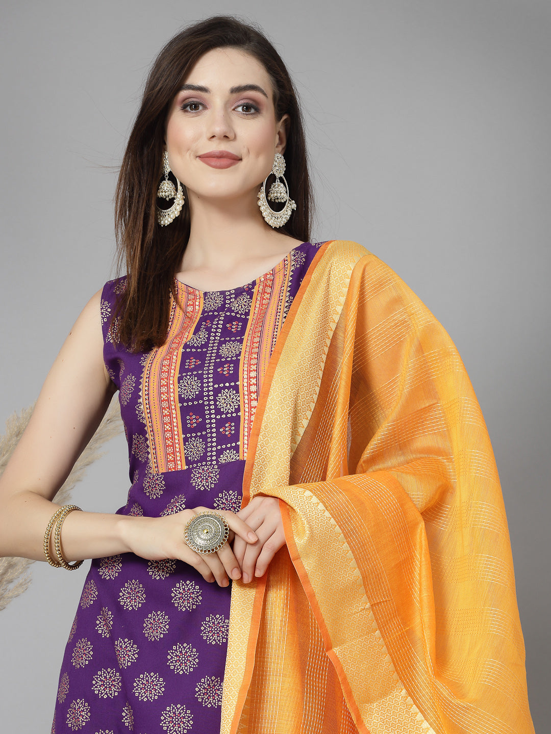 Bandhej Printed Rayon A-Line Kurta with Dupatta