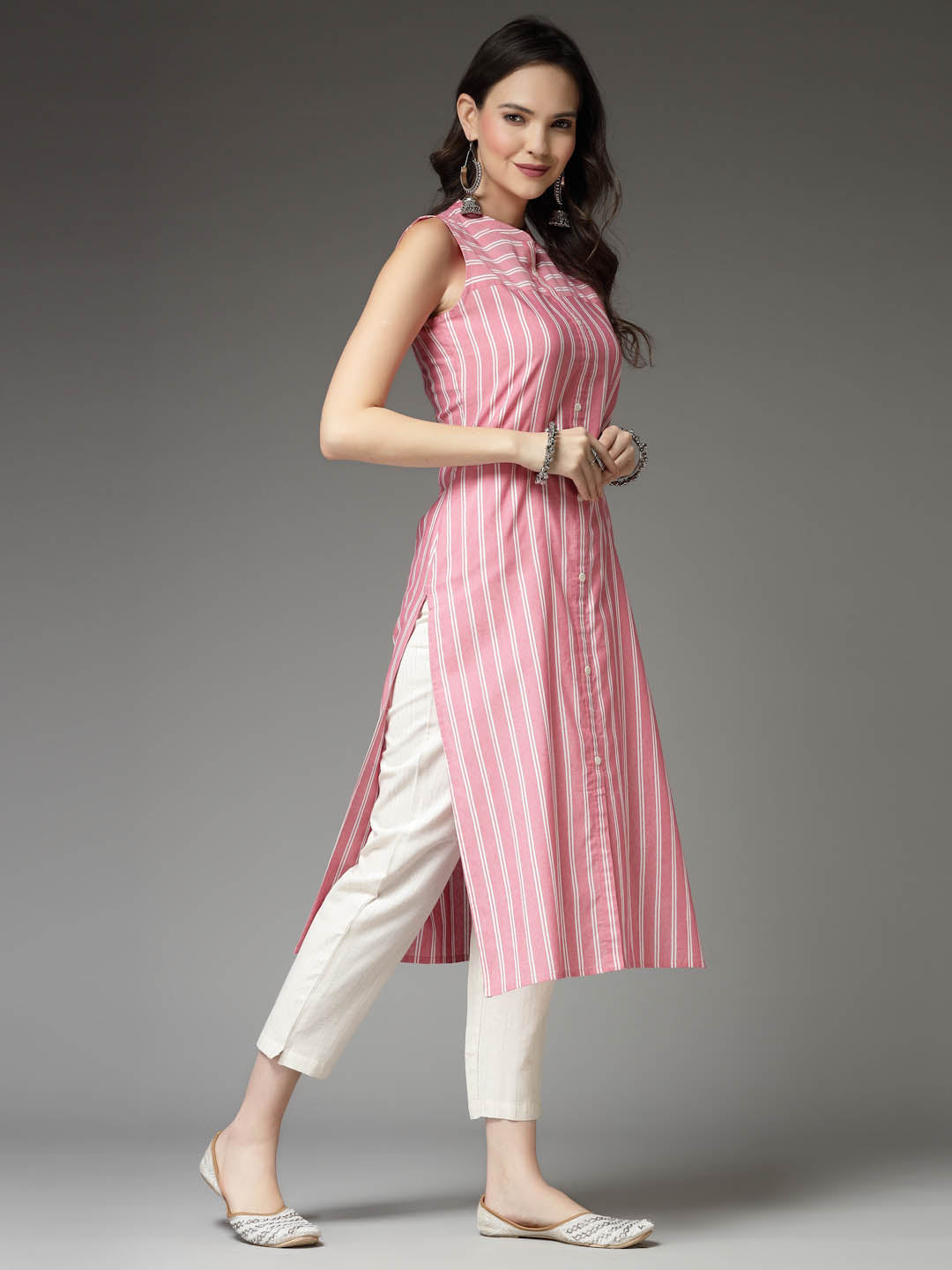 Woven Striped Cotton Blend Straight Kurta