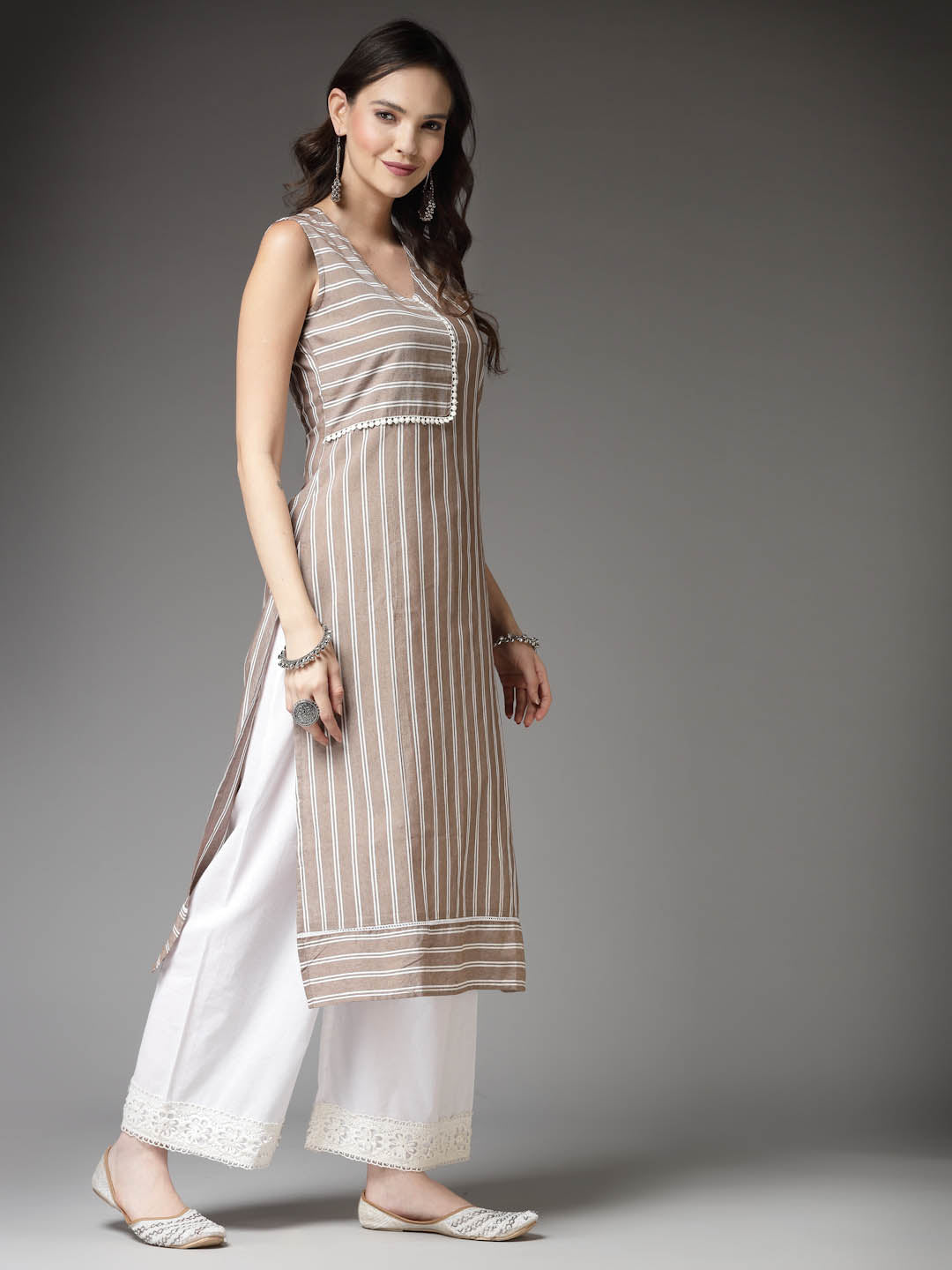 Woven Striped Cotton Blend Straight Kurta