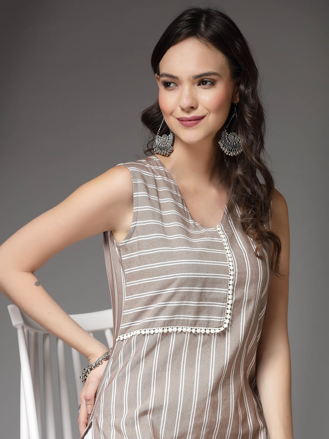 Woven Striped Cotton Blend Straight Kurta