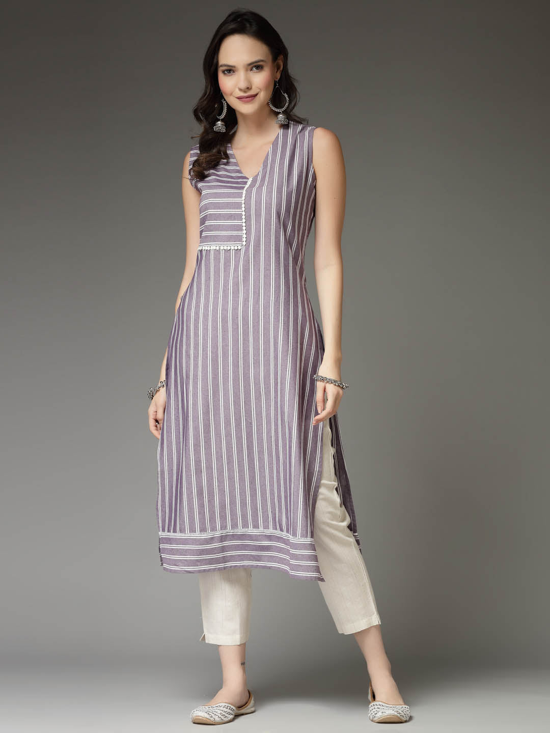 Woven Striped Cotton Blend Straight Kurta