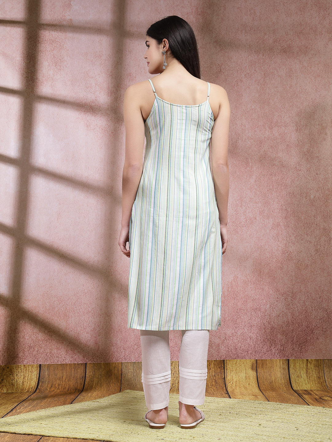 Woven Striped Cotton Blend Straight Kurta