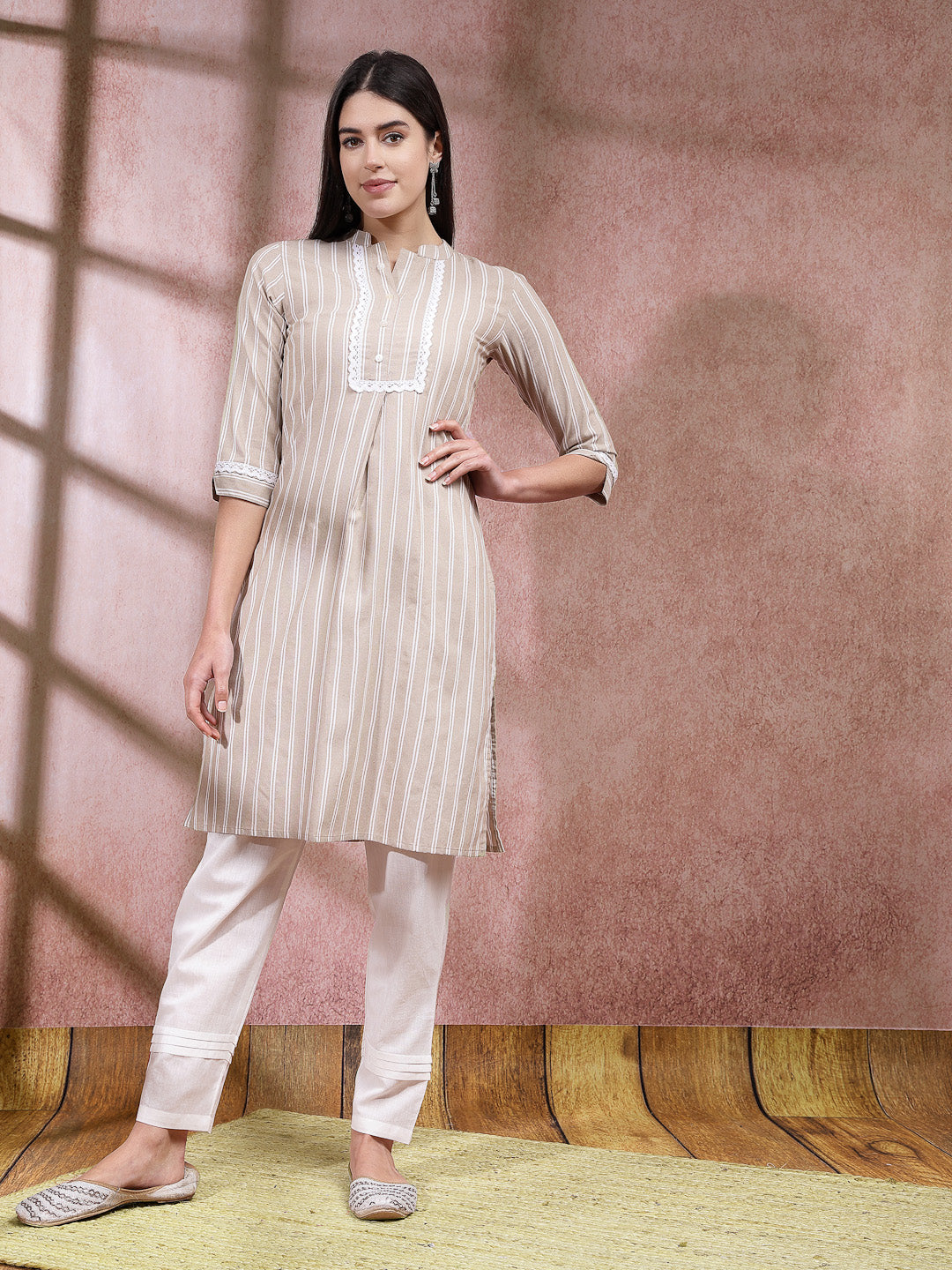 Woven Striped Cotton Blend Straight Kurta