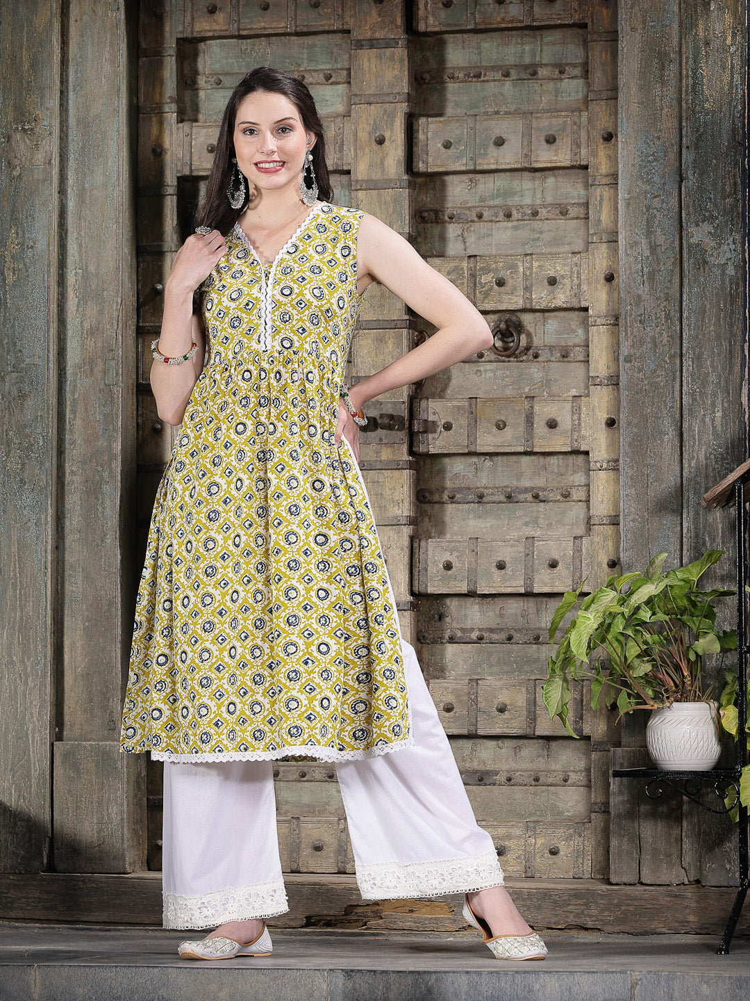Geometric Printed Cotton Pleated Kurta