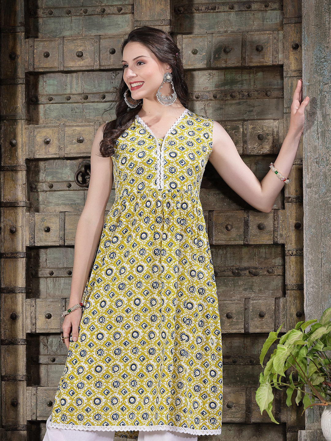 Geometric Printed Cotton Pleated Kurta