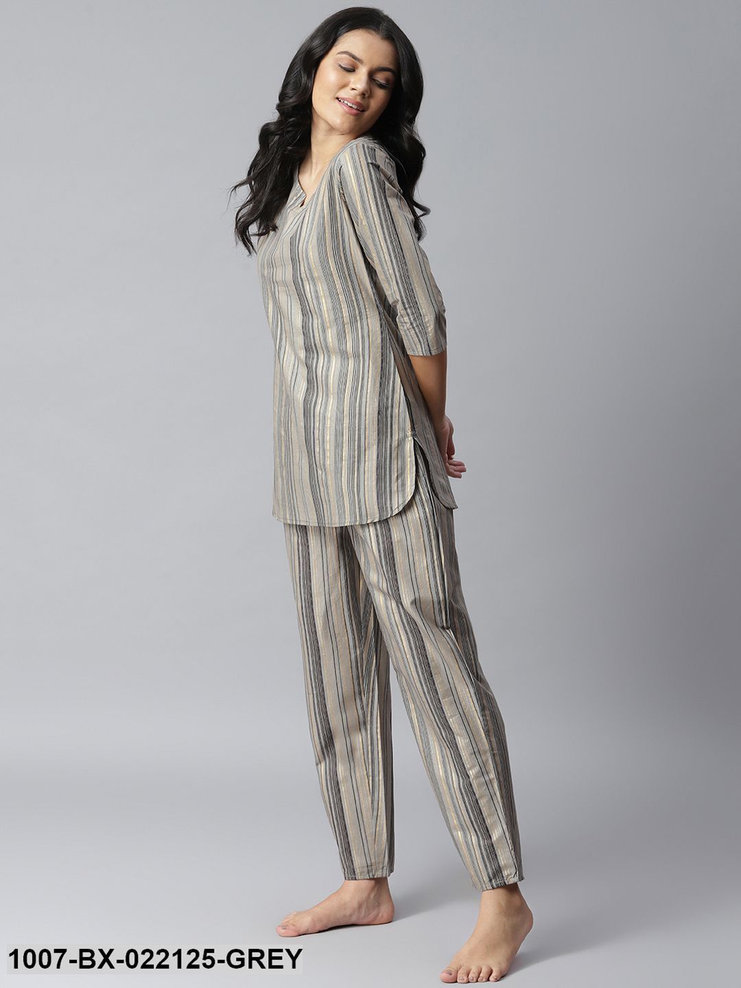 Women's Striped Cotton Night Suit Set (Grey)