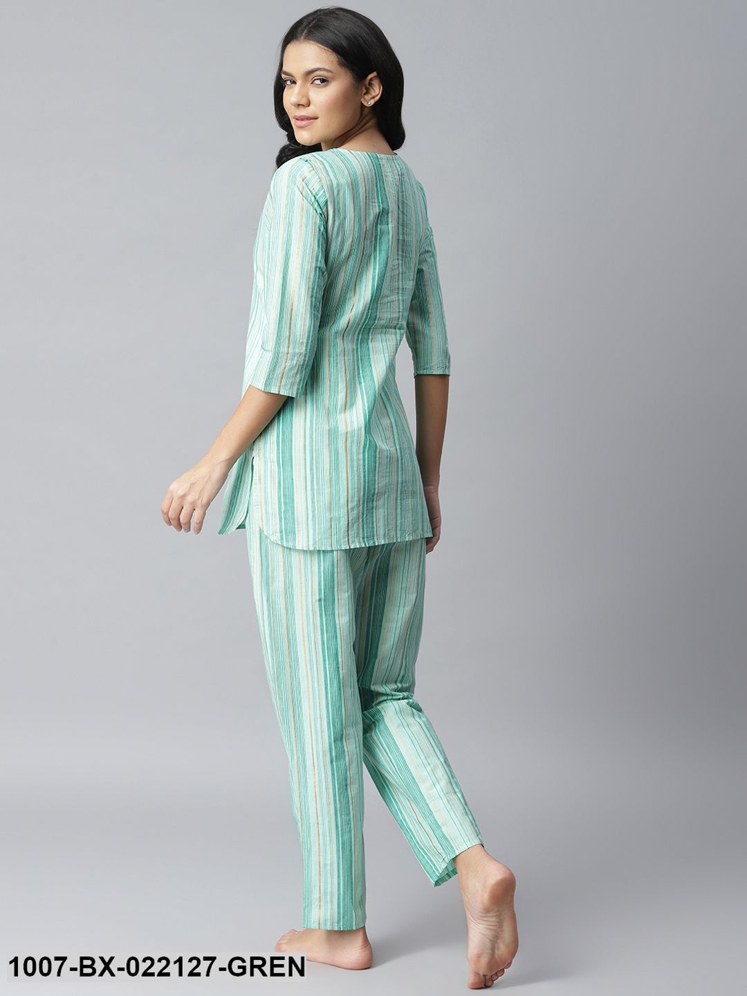 Women's Striped Cotton Night Suit Set (Light Green)