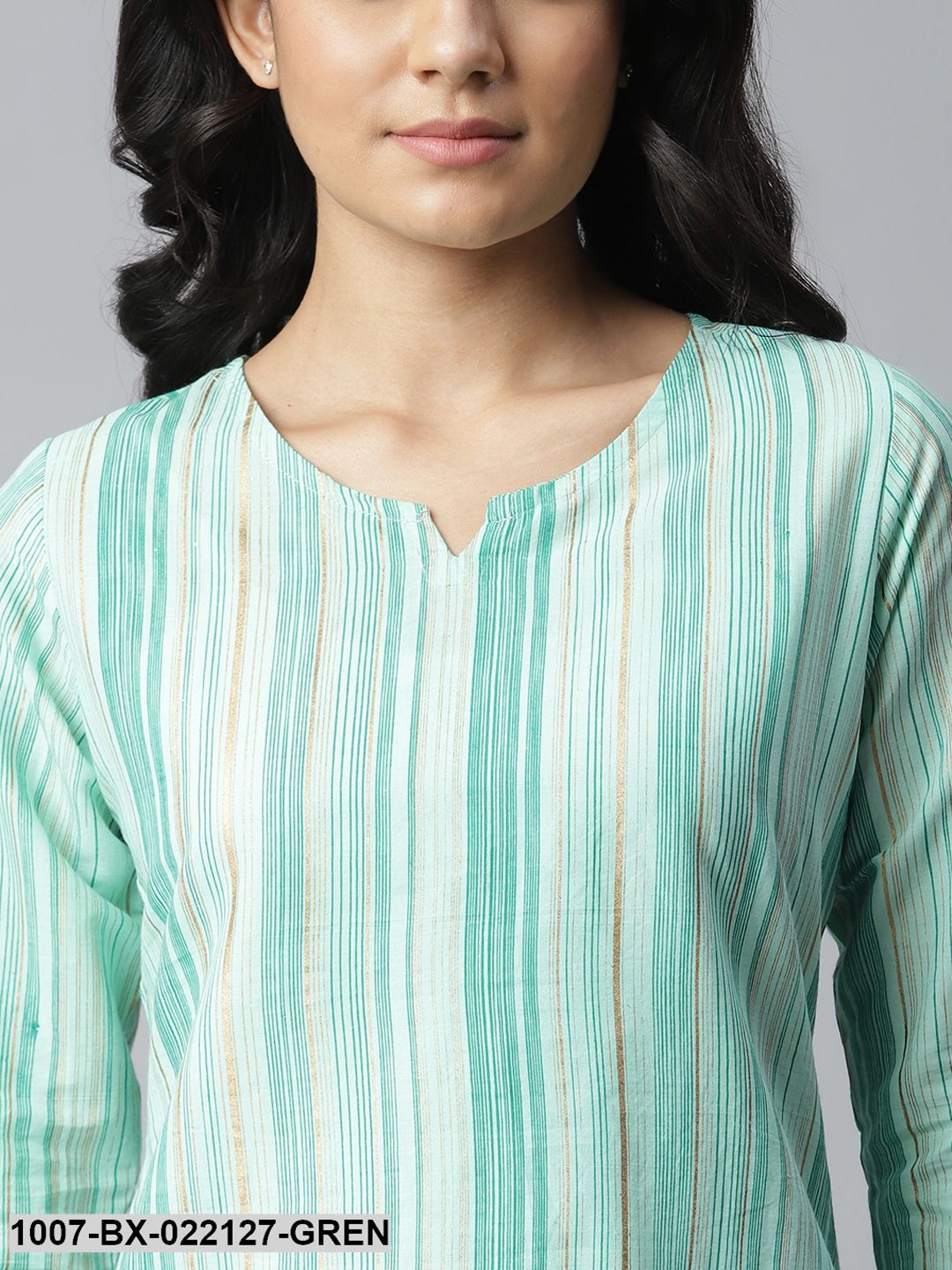 Women's Striped Cotton Night Suit Set (Light Green)