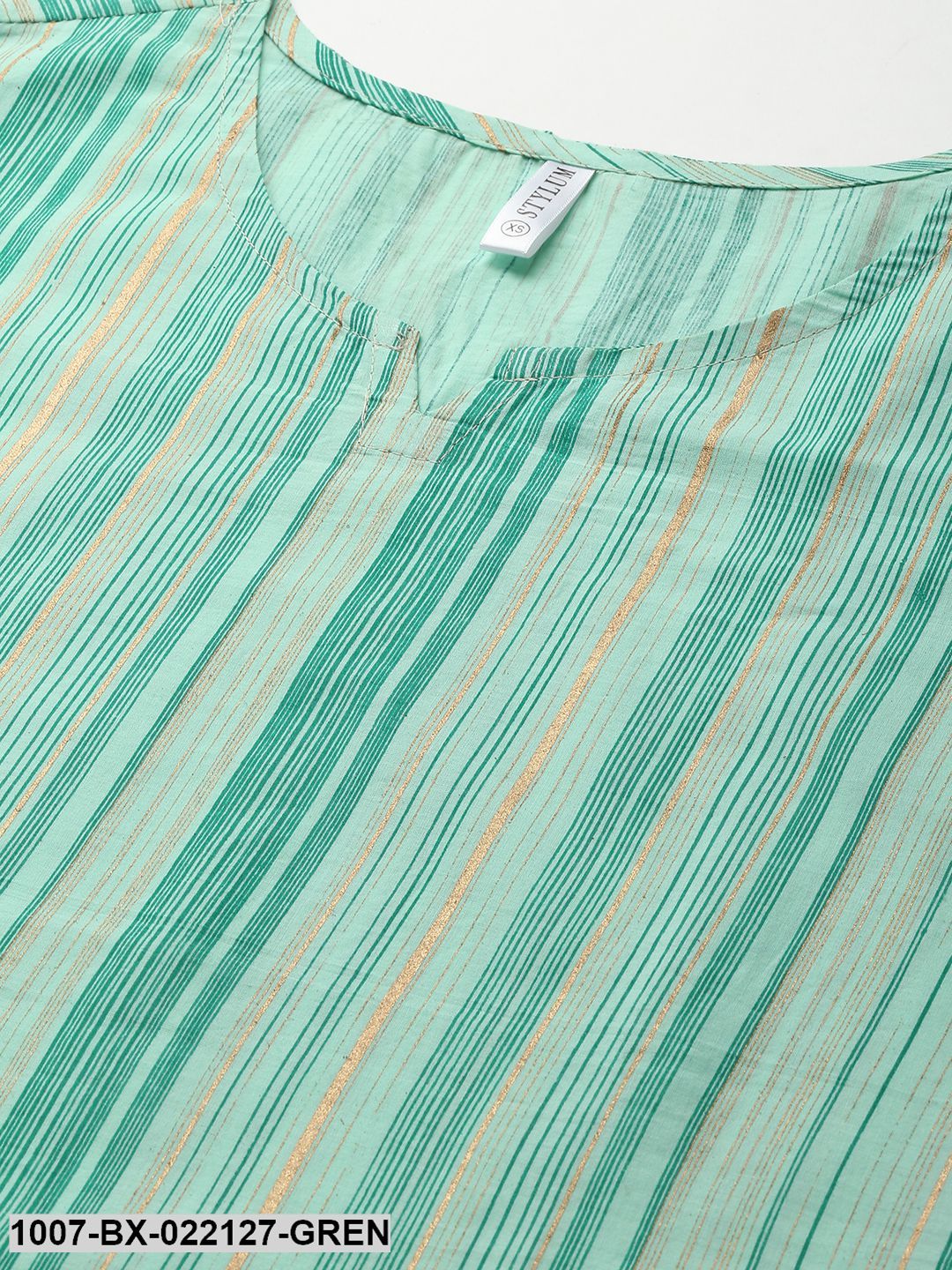 Women's Striped Cotton Night Suit Set (Light Green)