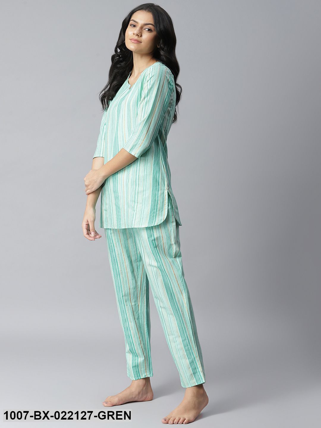 Women's Striped Cotton Night Suit Set (Light Green)