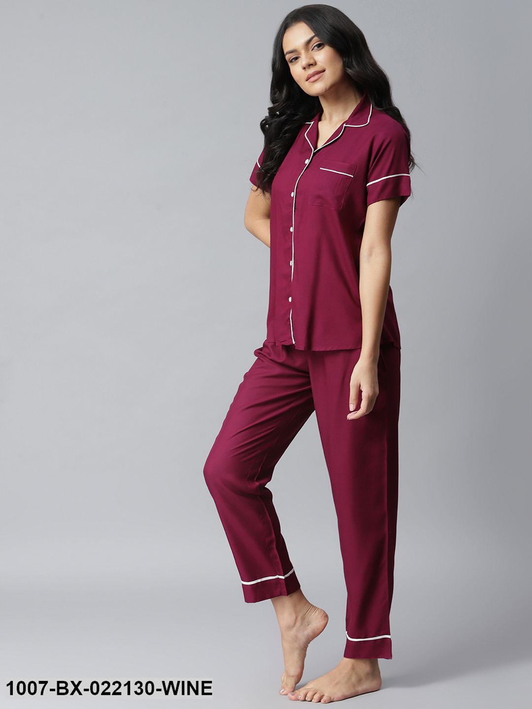 Women's Solid Rayon Night Suit Set (Purple)