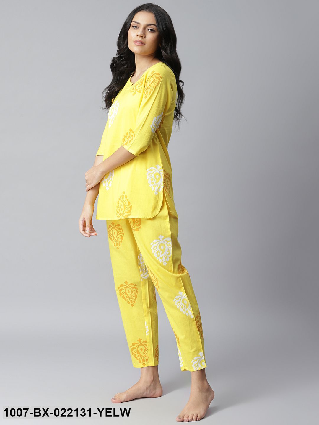 Women's Printed Cotton Night Suit Set (Yellow)