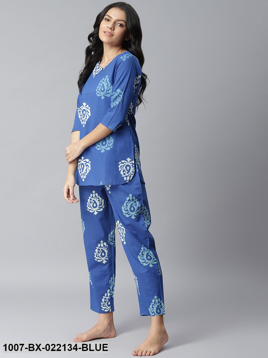 Women's Printed Cotton Night Suit Set (Blue)