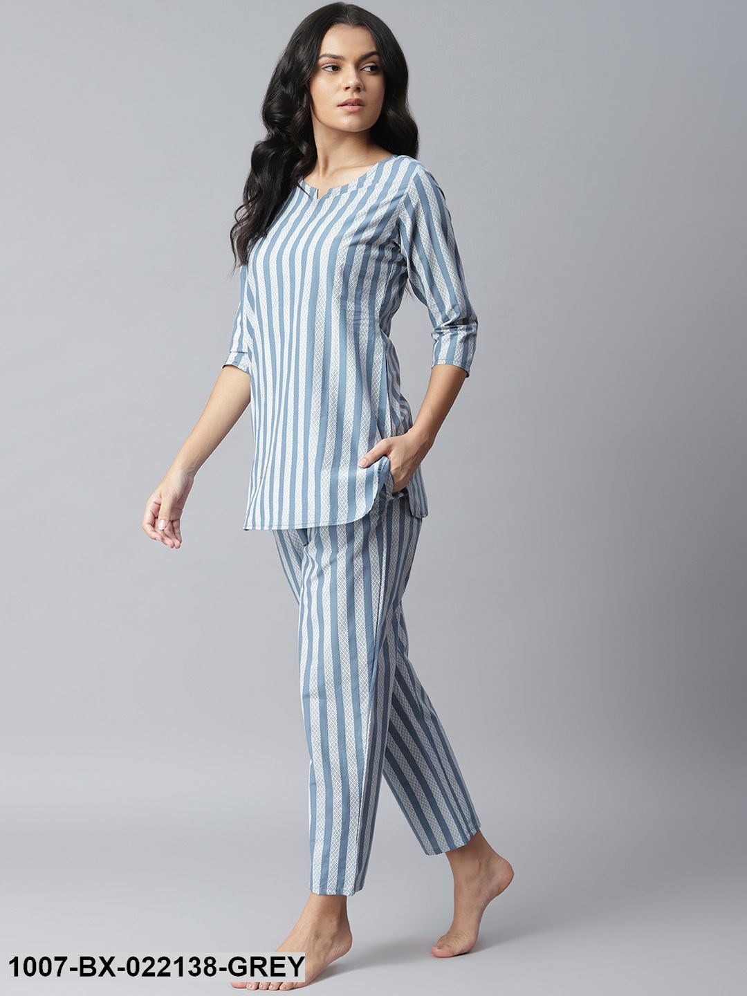 Women's Striped Cotton Night Suit Set (Grey)