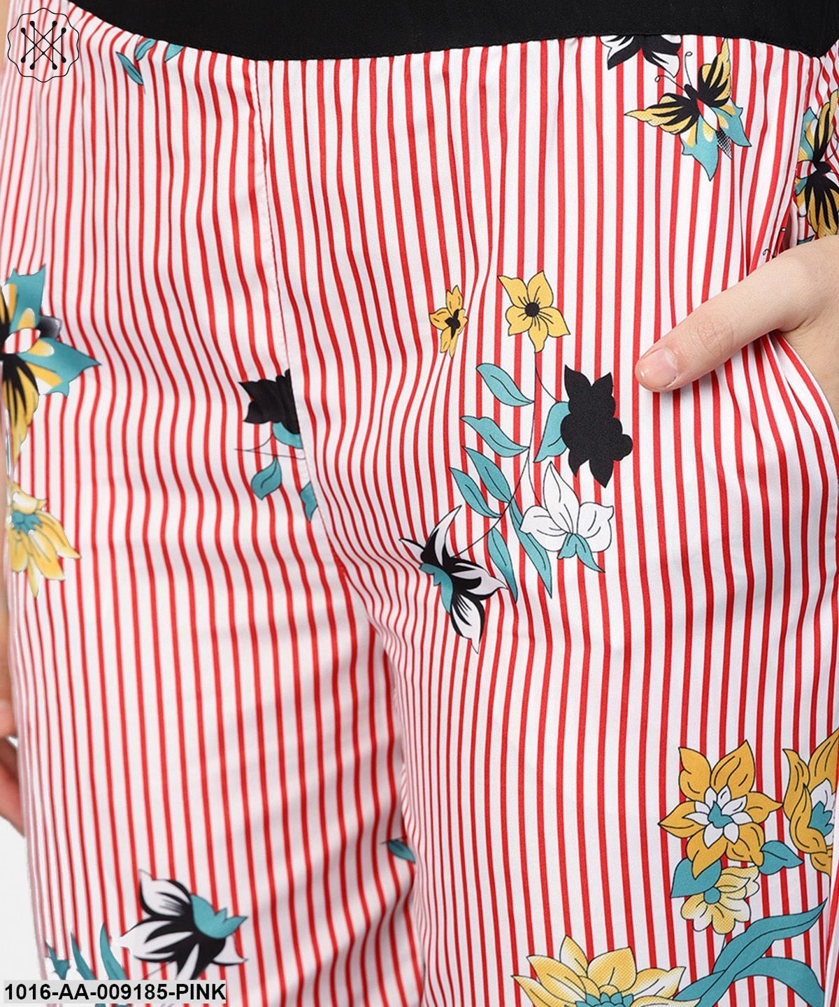 Pink Striped Crop Top With Full Sleeve Open Jacket & Printed Mid-Rise Joggers With 2 Pockets