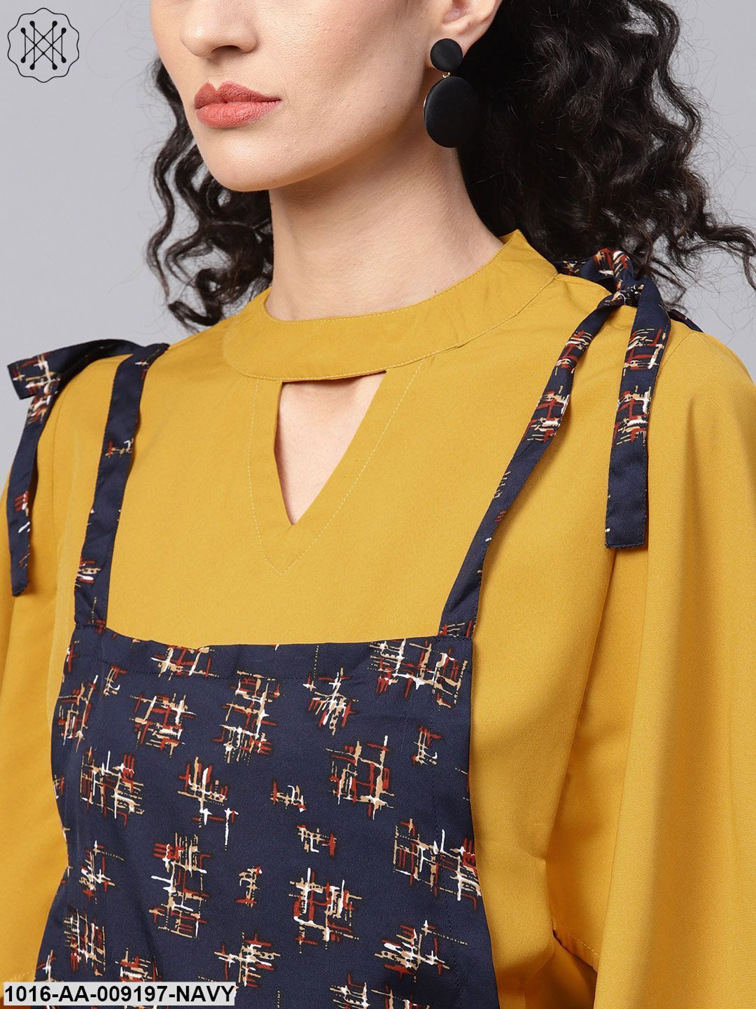 Navy Blue Geometric Printed Knot Style Dungree With Mustard Top