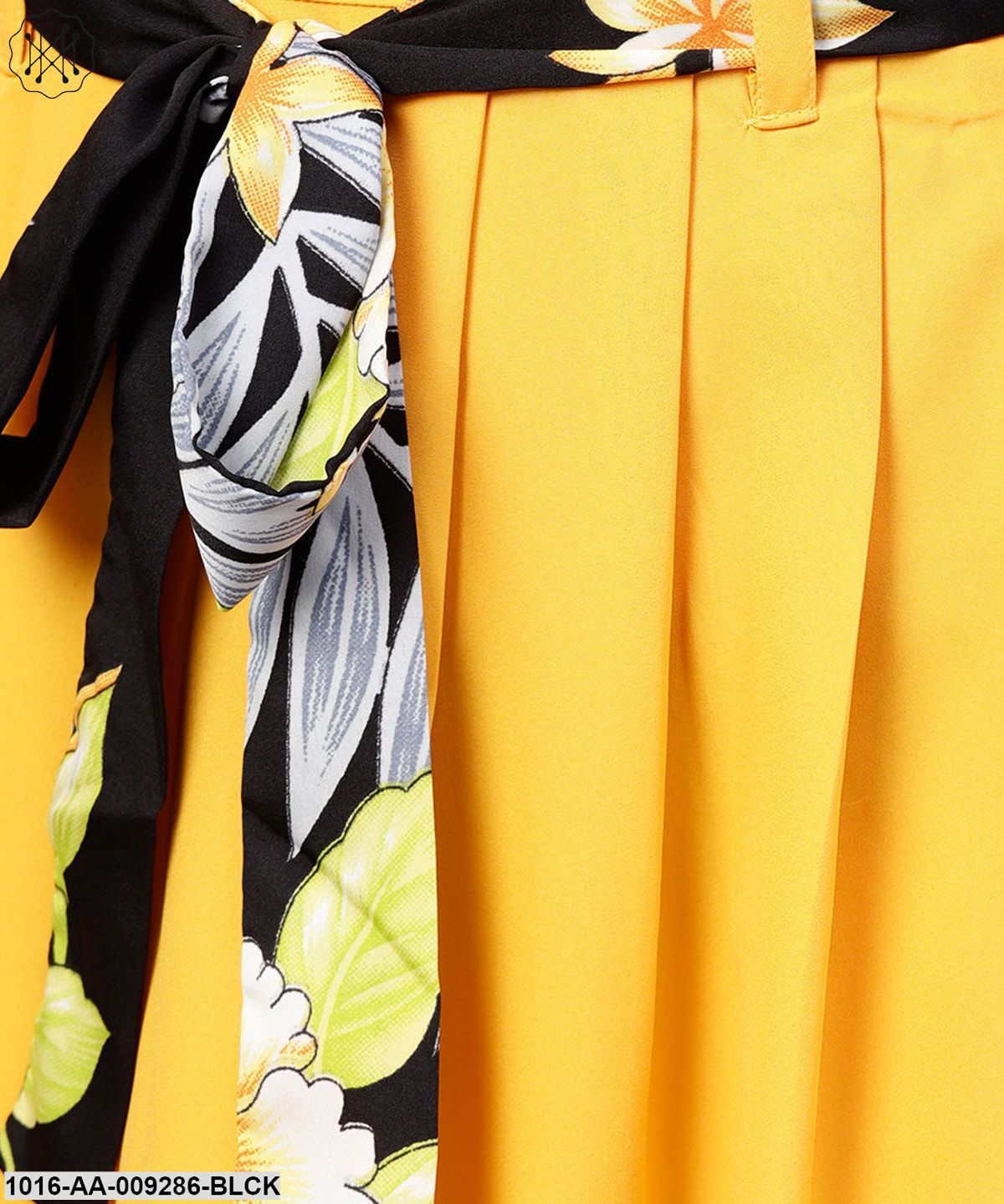 Black Printed Half Sleeve Tops With Yellow Calf Length Skirt With Belt