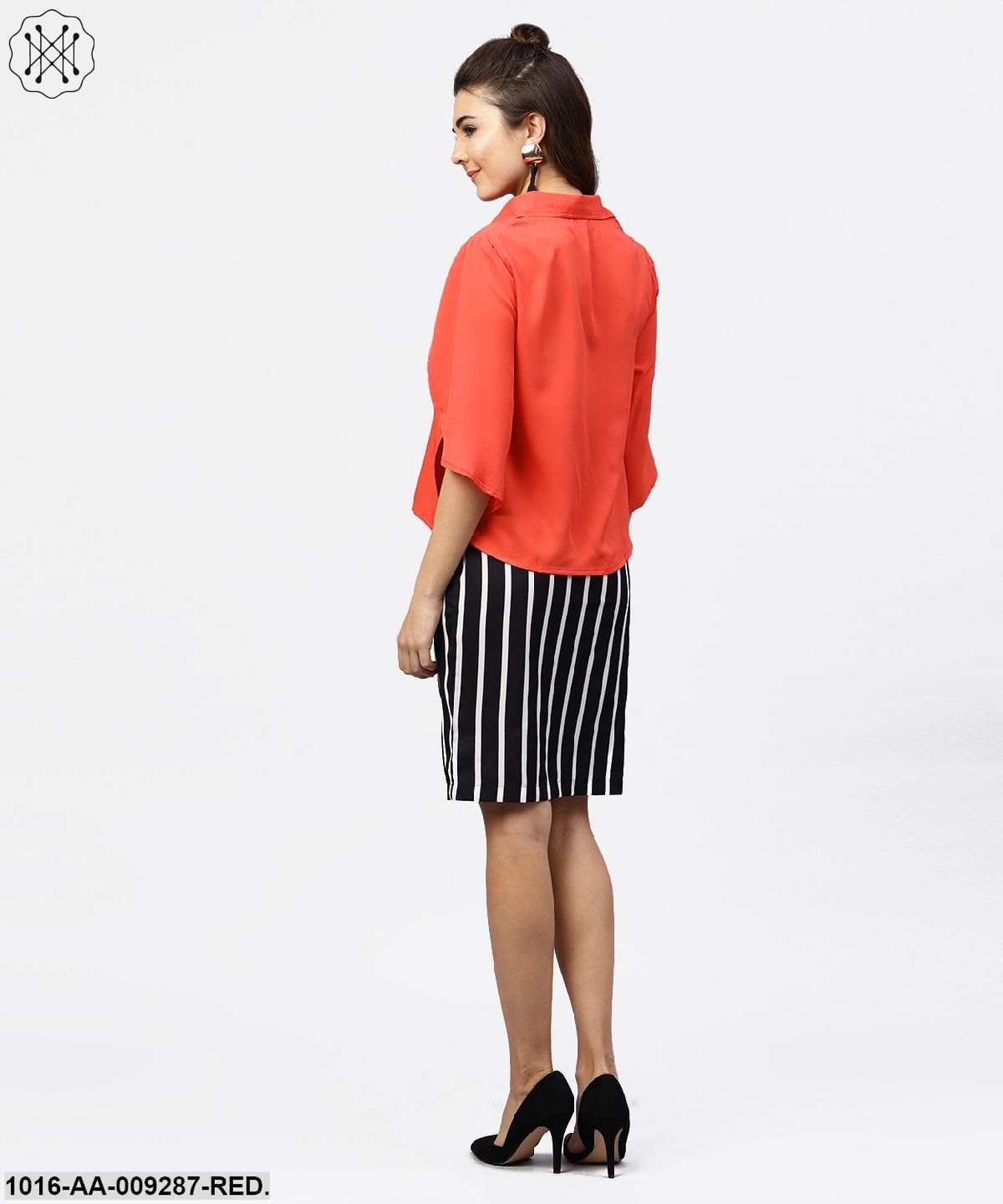Red Cape Sleeves Formal Shirt Set With Midi Striped Skirt