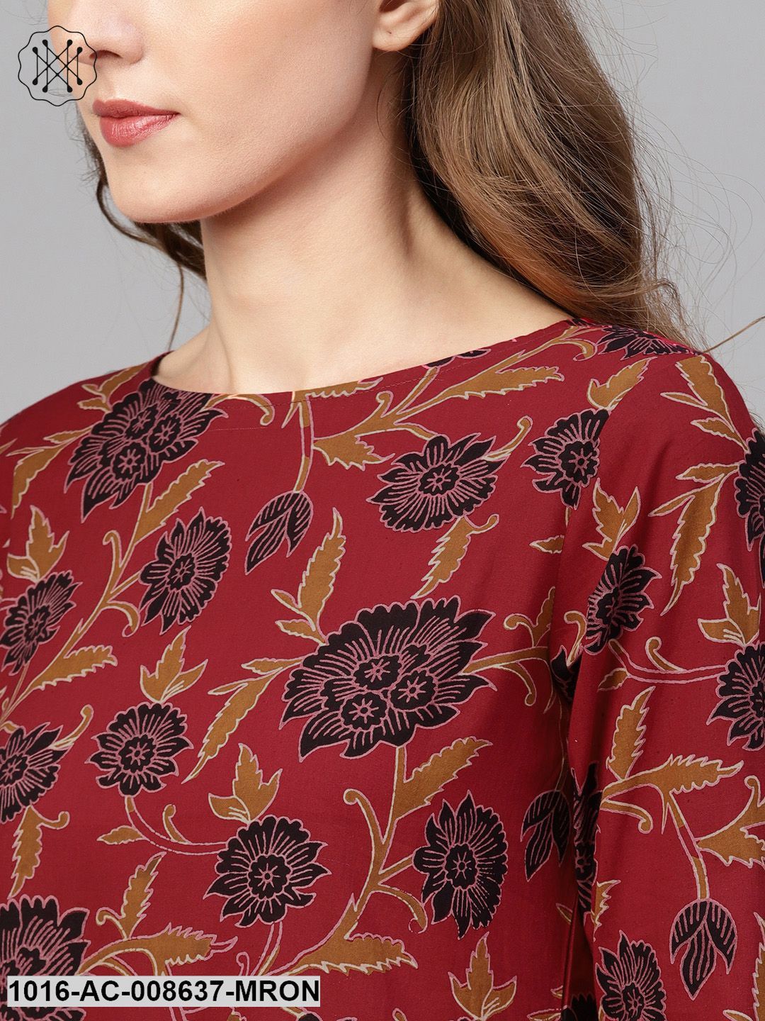 Maroon Multi Coloured Floral Printed Dress With Round Neck & Detailed Pleated Sleeves