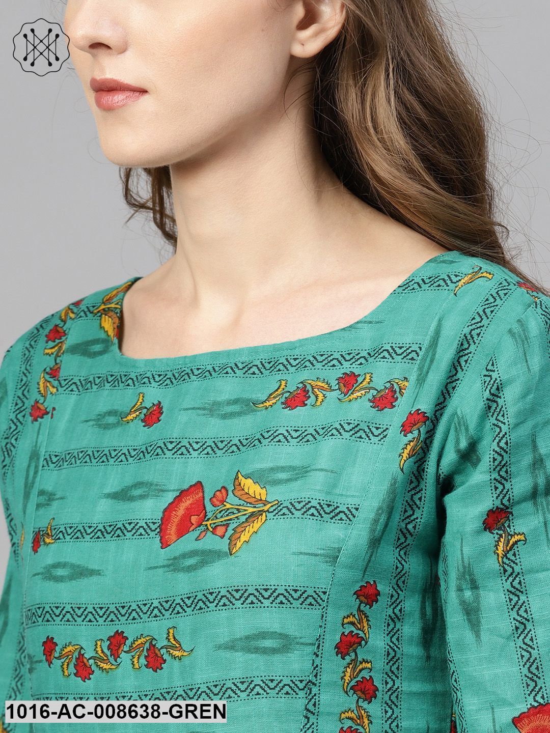 Green Ikat Printed Gathered Dress With Round Neck & 3/4 Sleeves