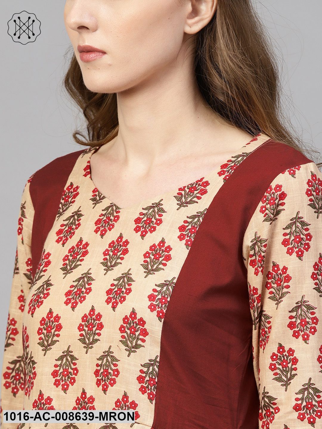 Beige & Maroon Printed Panel Dress With Round Neck & Half Sleeves
