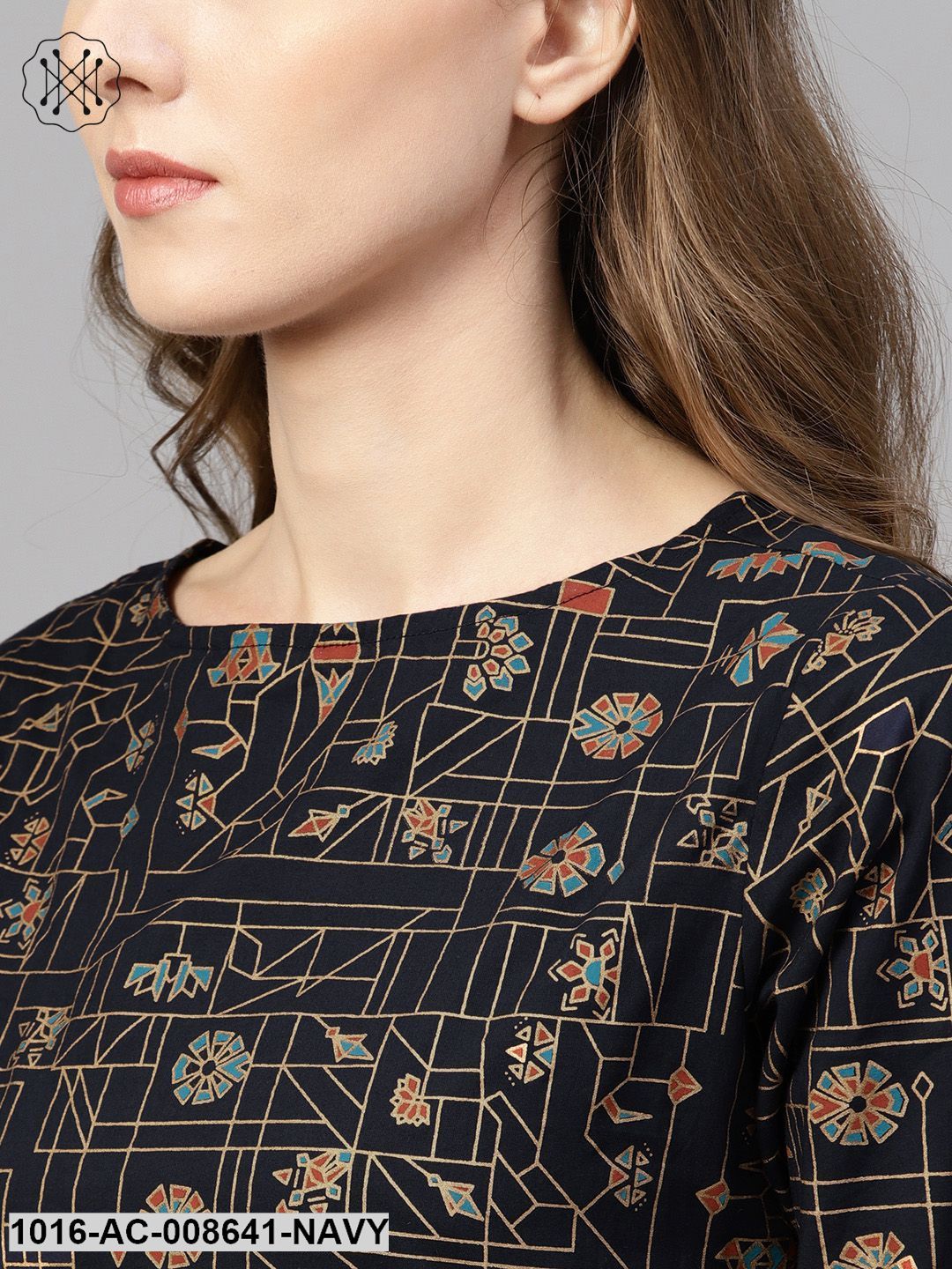 Navy Blue Gold Printed Maxi Dress With Round Neck & 3/4 Sleeves