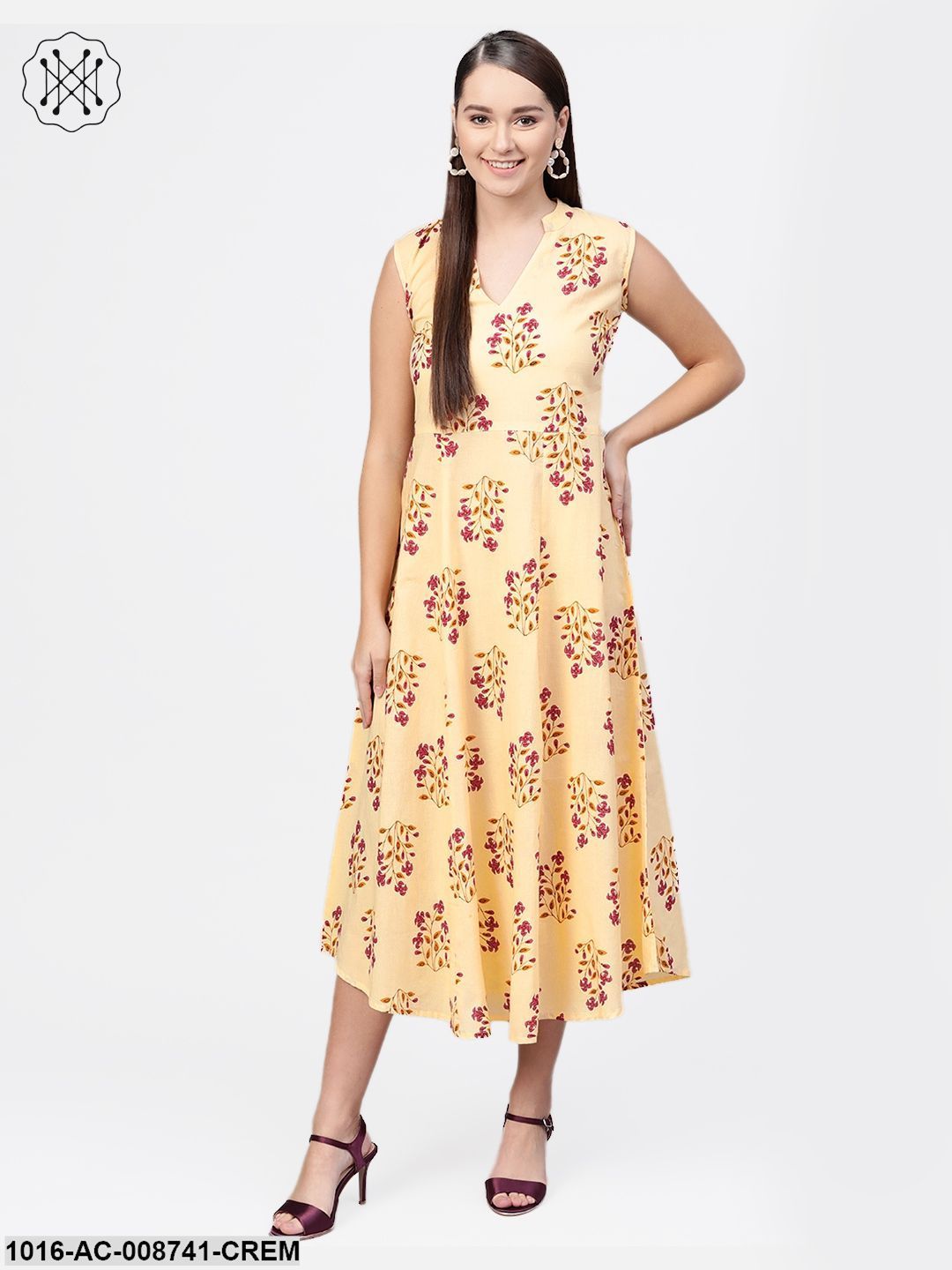 Cream Multi Coloured Floral Sleeveless A- line dress with Mandarin Col Trendphoria Cream Multi Coloured Floral Sleeveless A- line dress with Mandarin Col Trendphoria