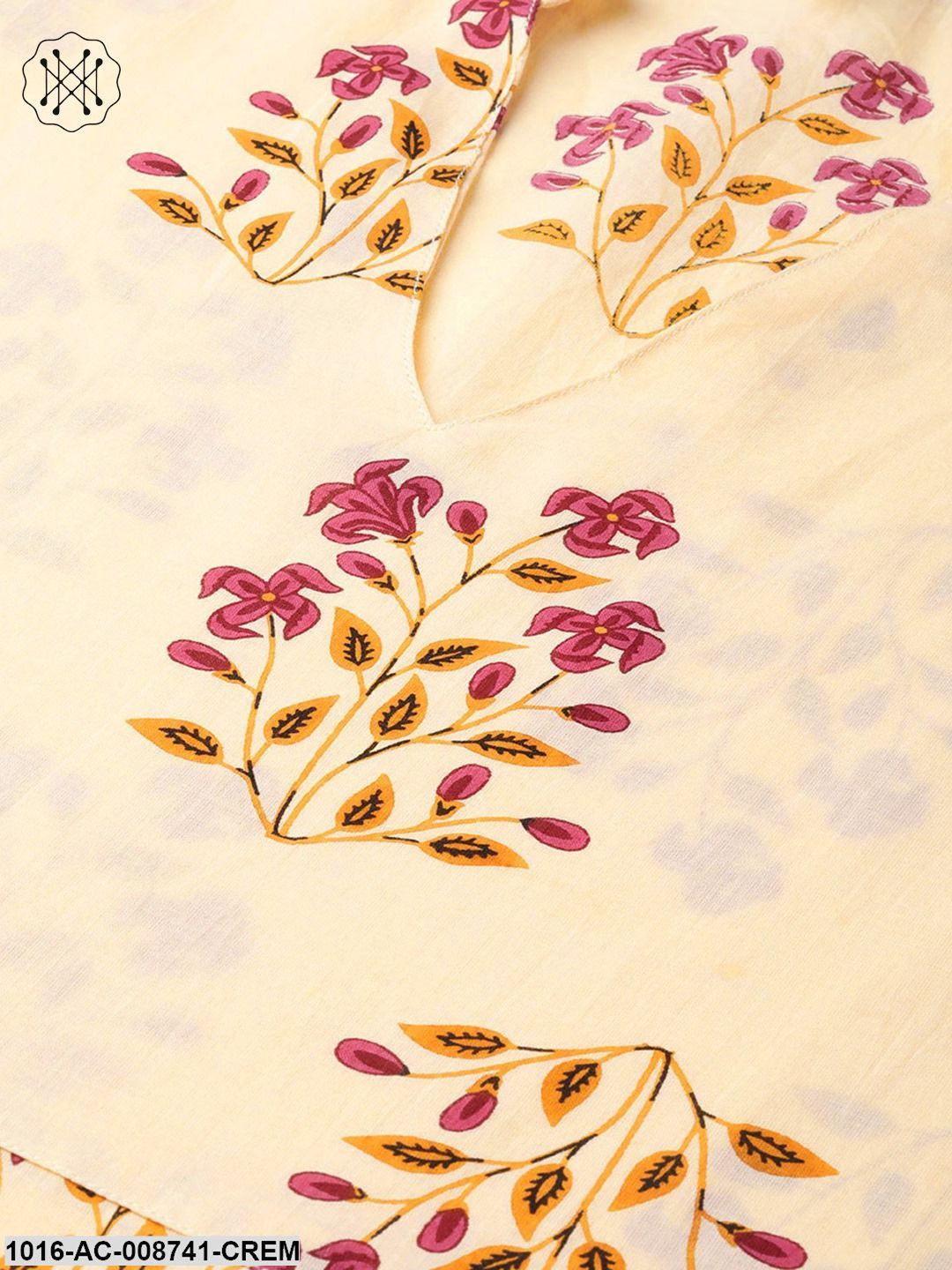 Cream Multi Coloured Floral Sleeveless A- line dress with Mandarin Colour