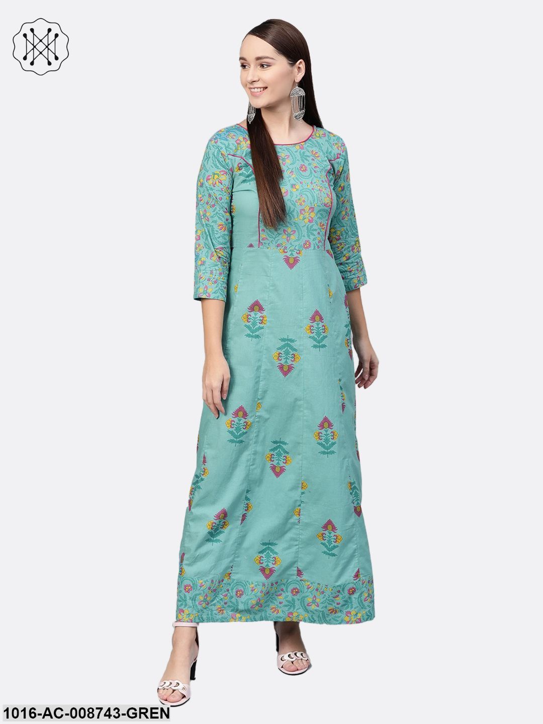 Green Multi coloured printed Maxi dress with Round neck & 3/4 sleeves