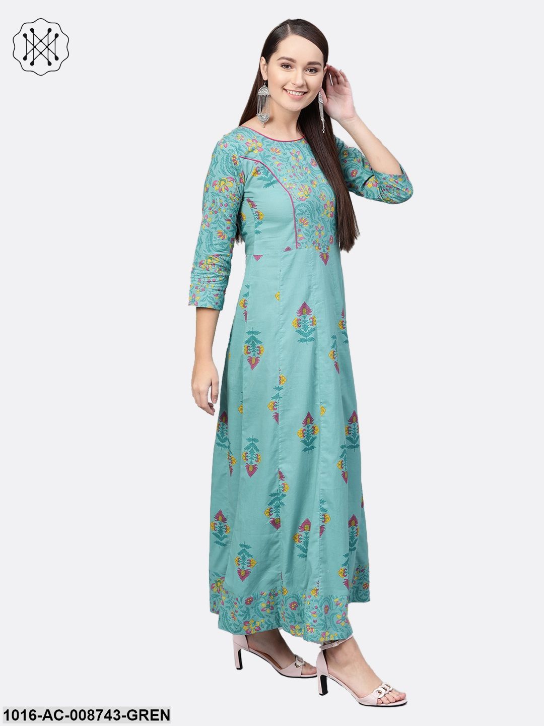 Green Multi coloured printed Maxi dress with Round neck & 3/4 sleeves