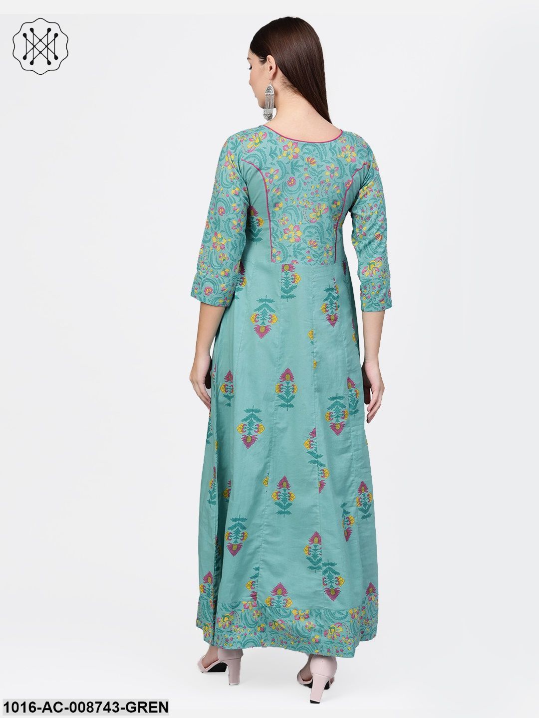 Green Multi coloured printed Maxi dress with Round neck & 3/4 sleeves