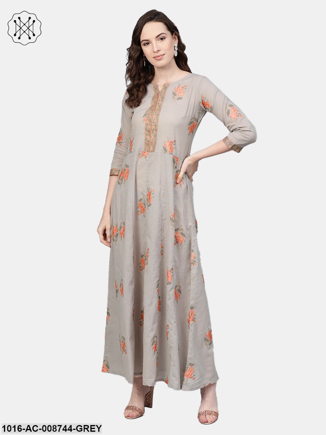 Slate Grey & peach printed Maxi dress with Round neck with V slit & 3/4 Sleeves