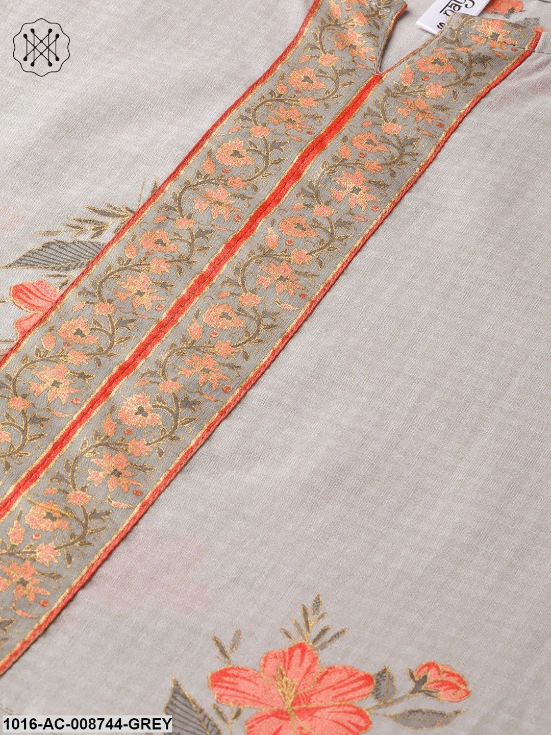 Slate Grey & peach printed Maxi dress with Round neck with V slit & 3/4 Sleeves