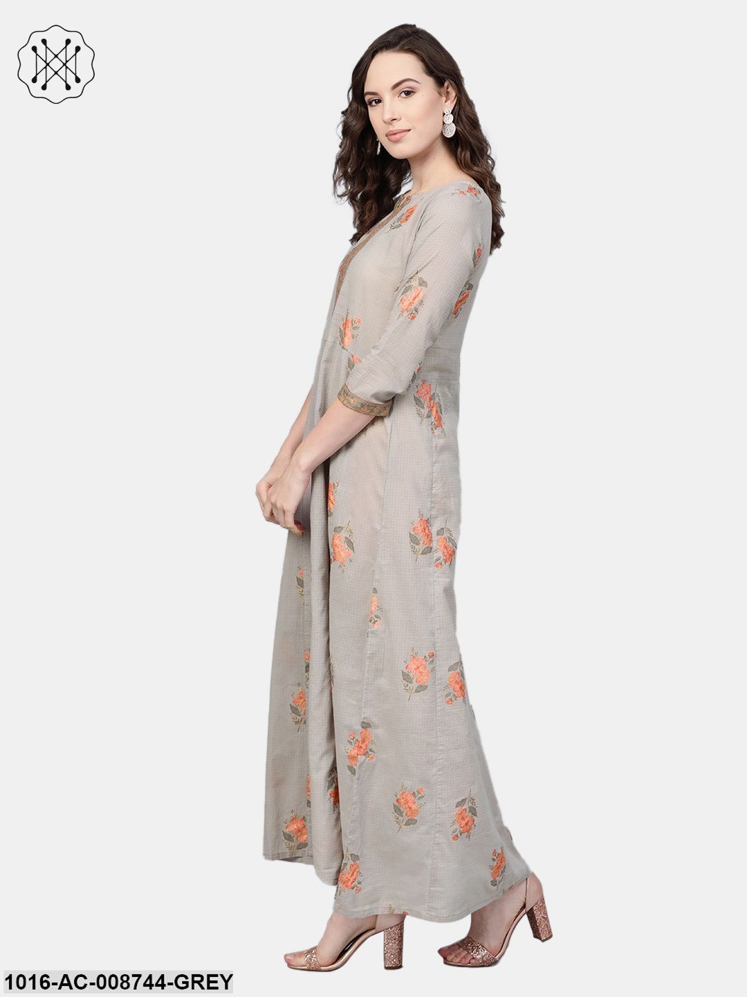 Slate Grey & peach printed Maxi dress with Round neck with V slit & 3/4 Sleeves