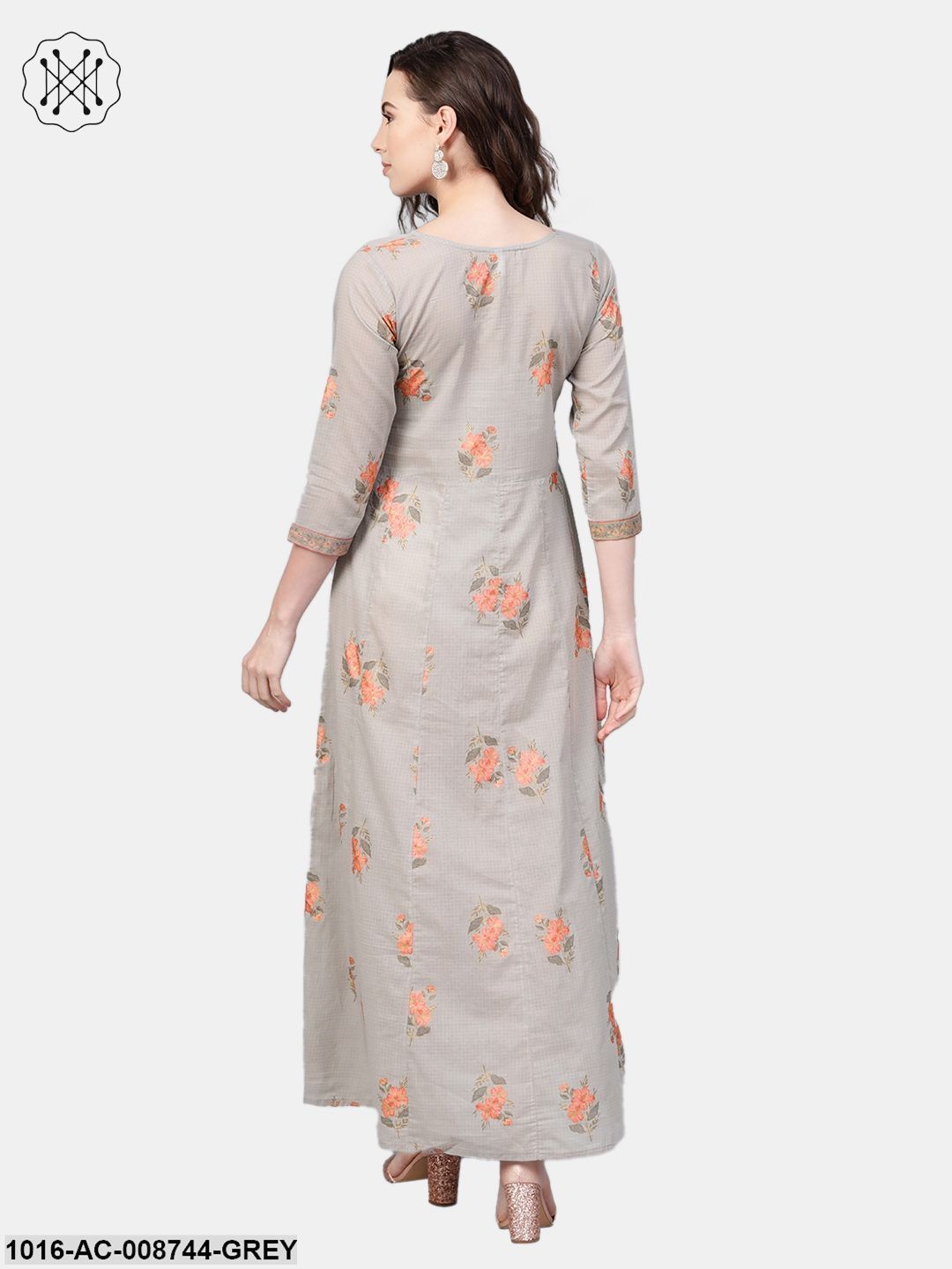 Slate Grey & peach printed Maxi dress with Round neck with V slit & 3/4 Sleeves