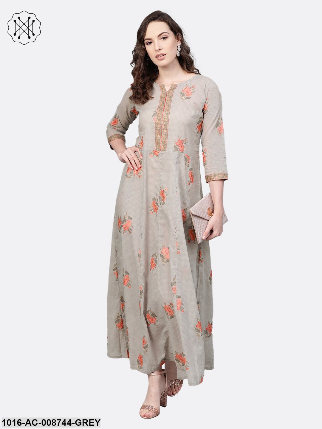 Slate Grey & peach printed Maxi dress with Round neck with V slit & 3/4 Sleeves