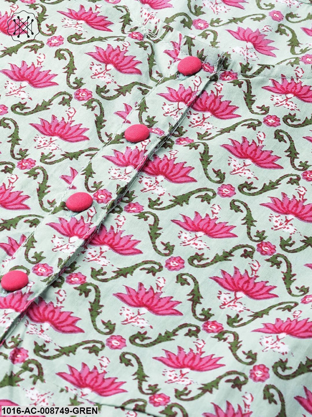 Pastel Green & Magenta Floral printed Maxi with Boat neck & 3/4 sleeves