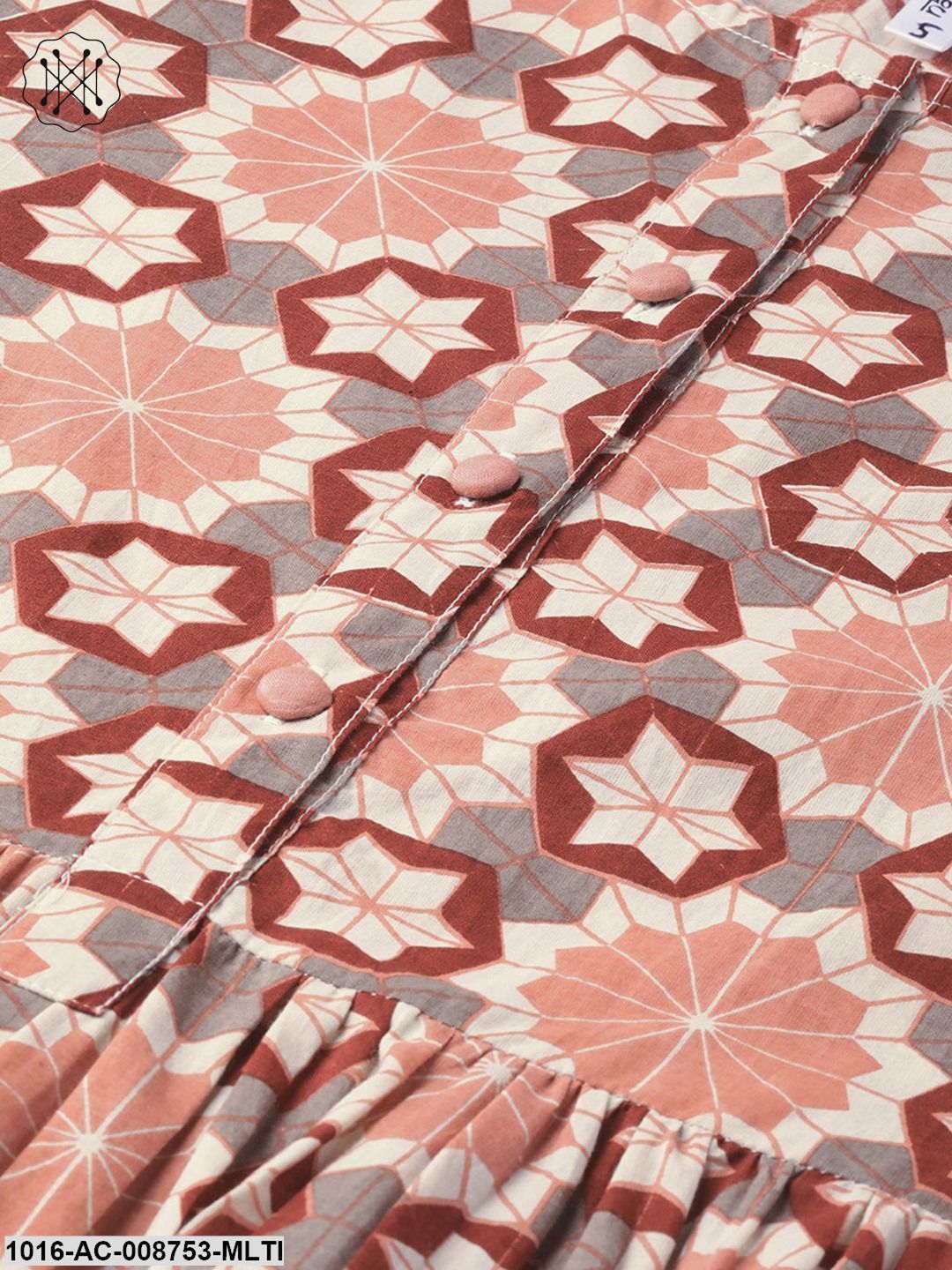 Multi coloured Geometric printed Maxi Dress with Front Placket & Half sleeves