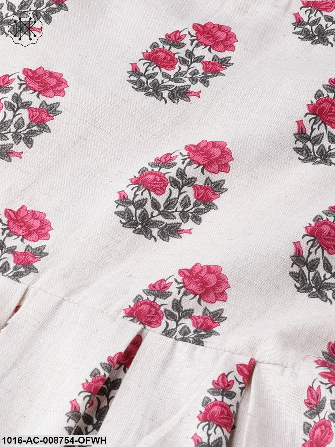 Off-White Multi Coloured Buta print Maxi Dress with Round neck & detailed Sleeves