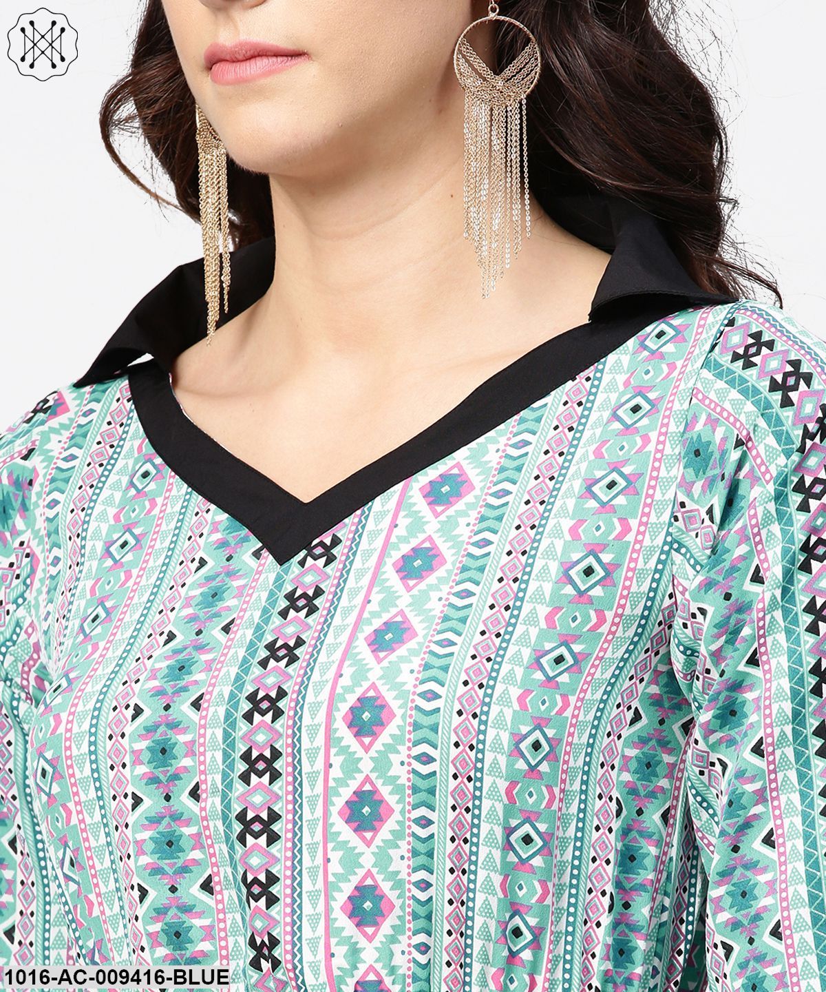 Blue Printed 3/4Th Sleeve A-Line Dress