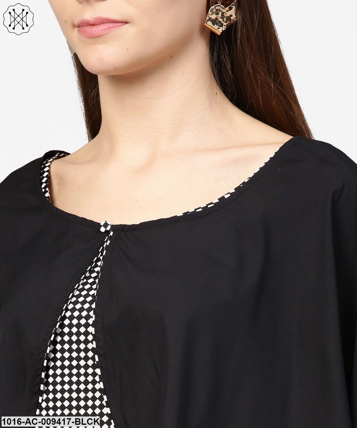 Black Check Printed Flared Sleeve Double Pocket Dress