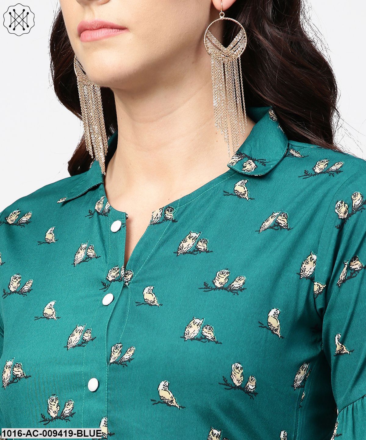 Blue Printed Full Sleeve Maxi Dress With Belt