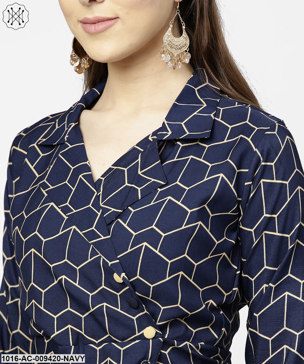 Navy Blue 3/4Th Sleeve Angrakha Style Dress