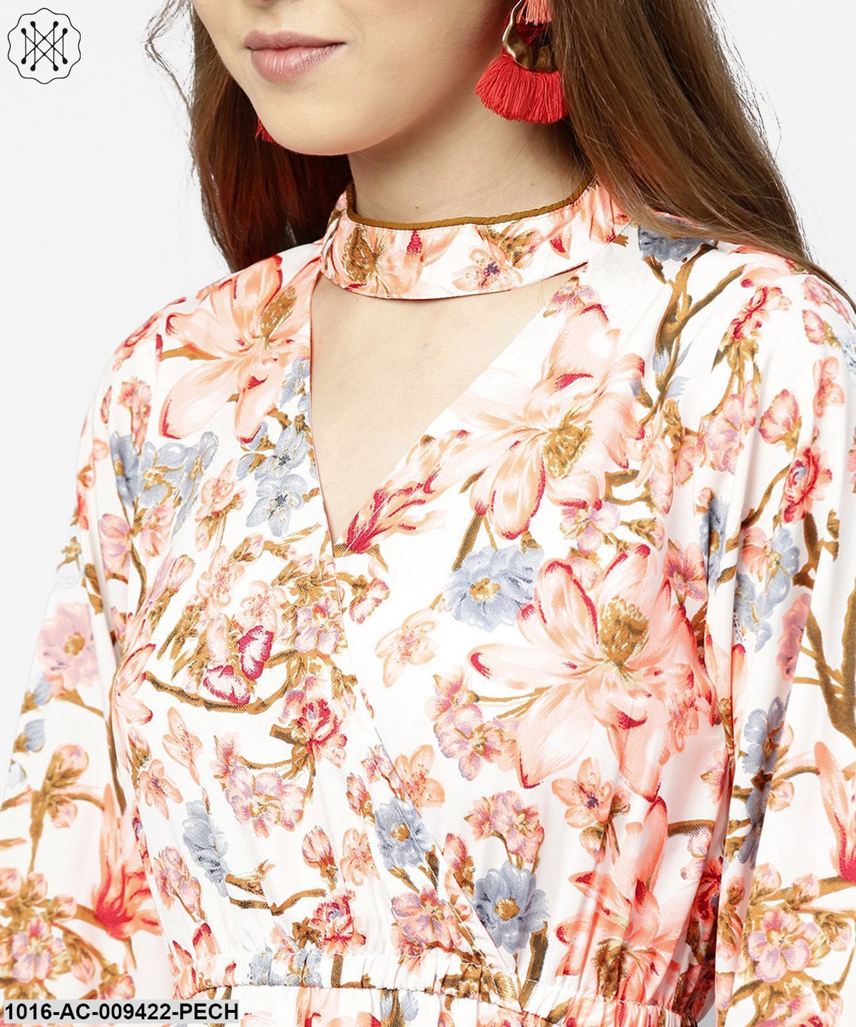 Peack Flower Print Full Sleeve A-Line Dress
