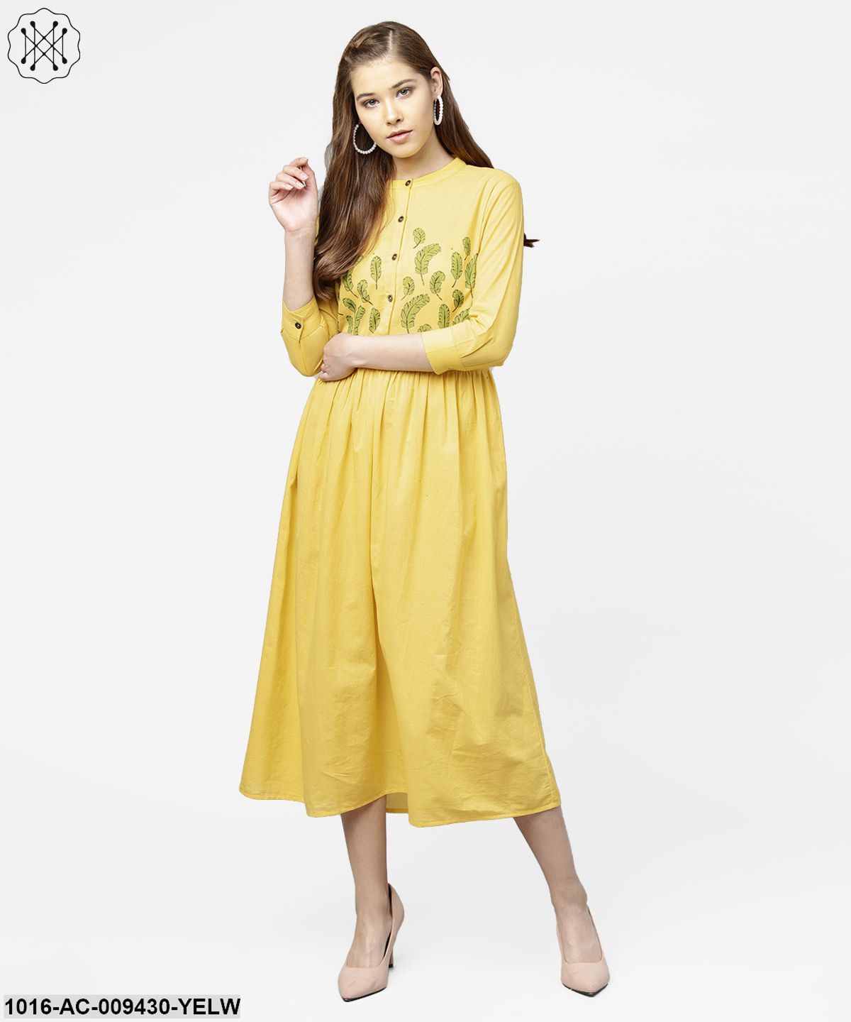 Yellow Block Printed 3/4Th Sleeve Cotton Maxi Dress