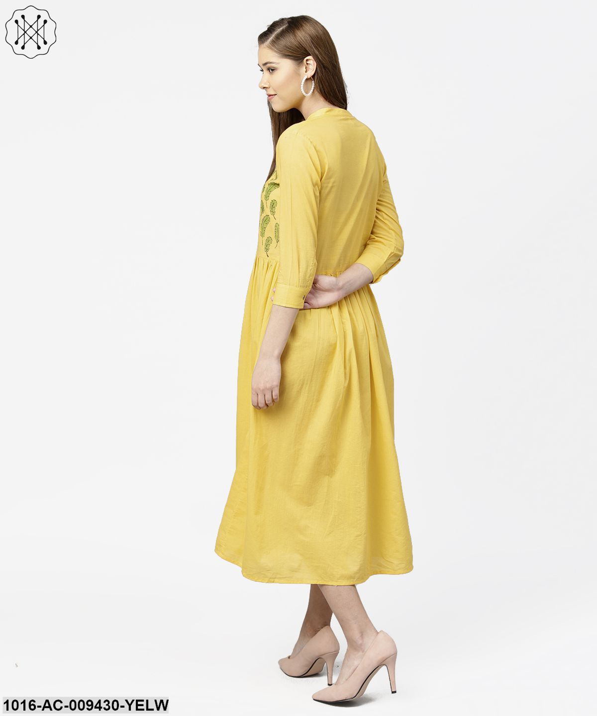 Yellow Block Printed 3/4Th Sleeve Cotton Maxi Dress